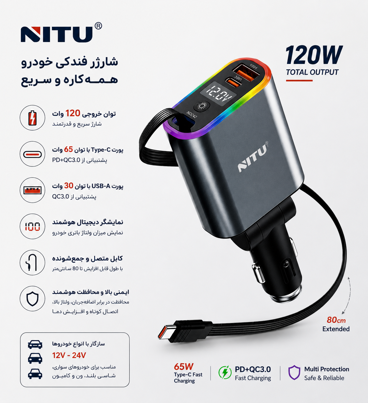 شارژر فندکی دو پورت 120 وات نیتو