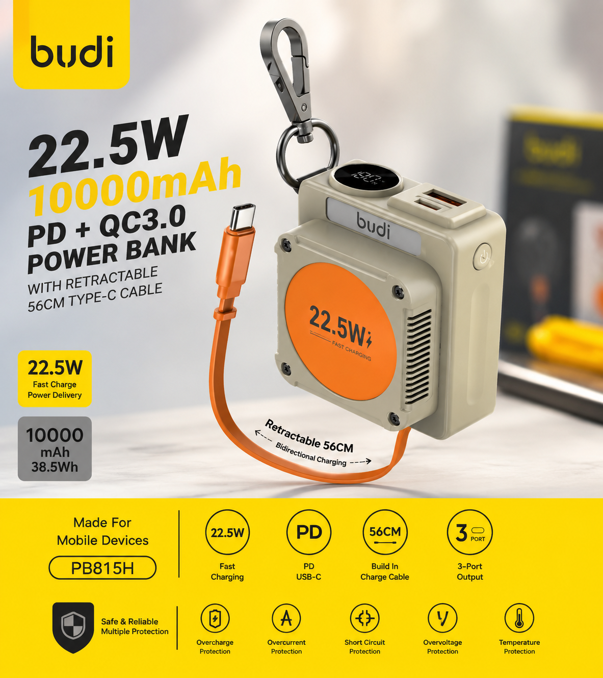 پاوربانک 22.5 وات بودی مدل PB815H ظرفیت 10000 میلی‌آمپرساعت