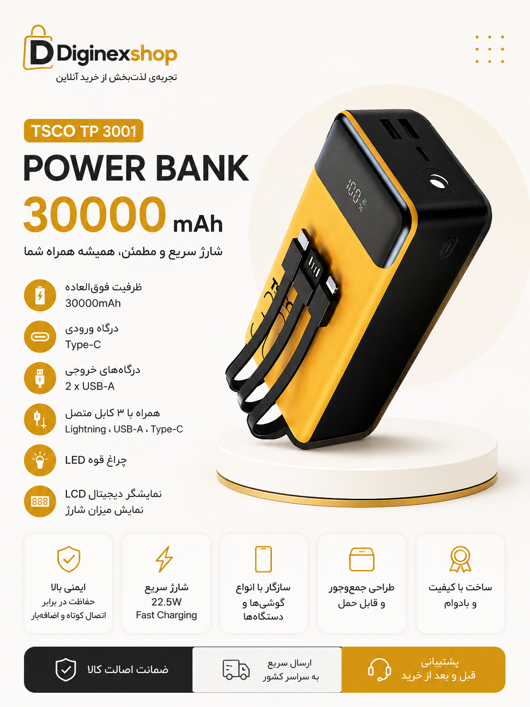 پاوربانک 22.5 وات تسکو مدل TP 3001 ظرفیت 30000 میلی‌آمپرساعت
