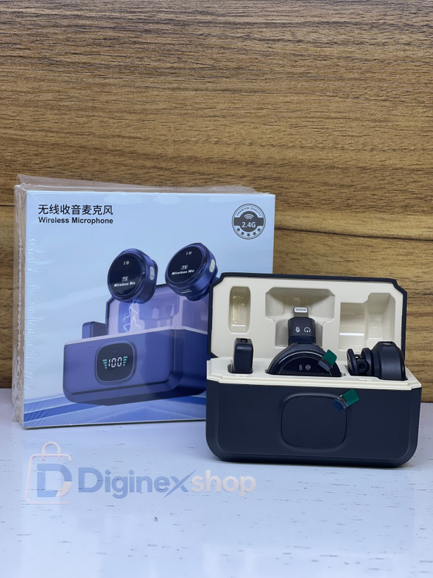 میکروفون یقه ای بیسیم 2.4G دو نفره با کیس شارژ و نمایشگر دیجیتال