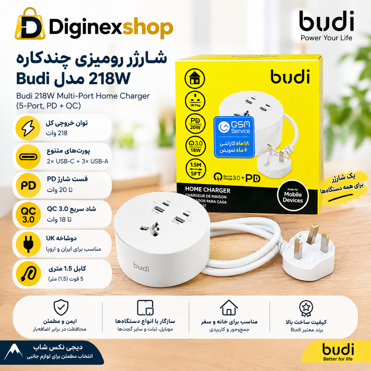 شارژر رومیزی چندکاره بودی Budi مدل 218W