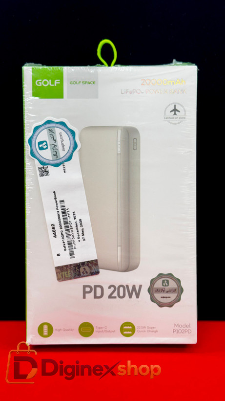 پاوربانک گلف GOLF SPACE مدل P102PD ظرفیت 20000 میلیآمپر ساعت با شارژ سریع PD 20W