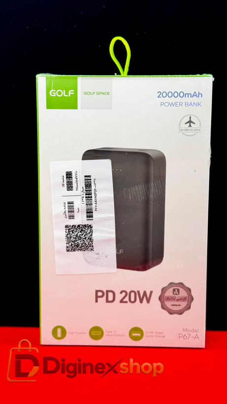 پاوربانک گلف GOLF مدل P67-A ظرفیت 20000 میلیآمپر ساعت با قابلیت شارژ سریع