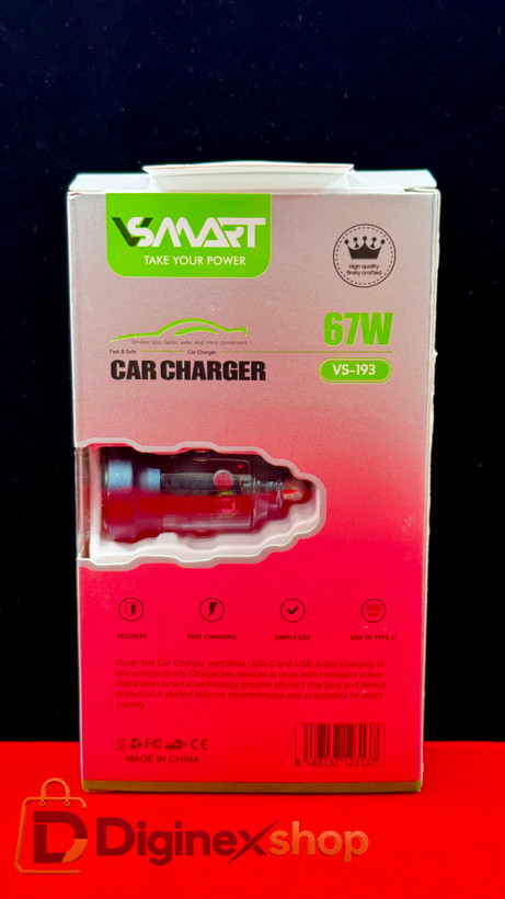 شارژر فندکی خودرو VSMART مدل VS-193 توان ۶۷ وات دو پورت USB